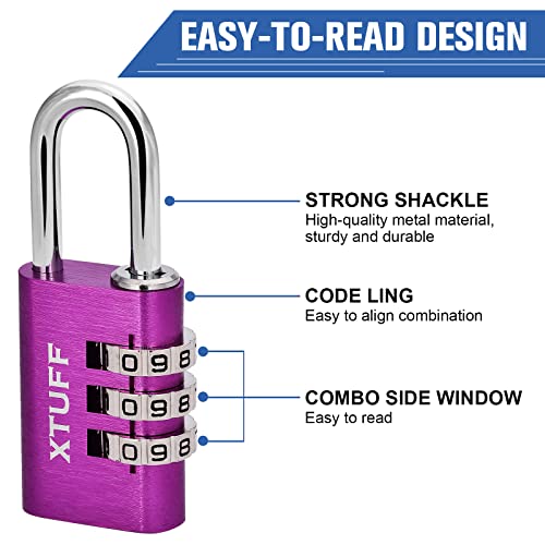 XTUFF Combination Lock-3 Digit Resettable Outdoor Waterproof Password Aluminum Lock, for School Gym Employee Sports Locker, Fence, Toolbox, Gate, Case, Suitcases, Set Your Own Combo Keyless Purple