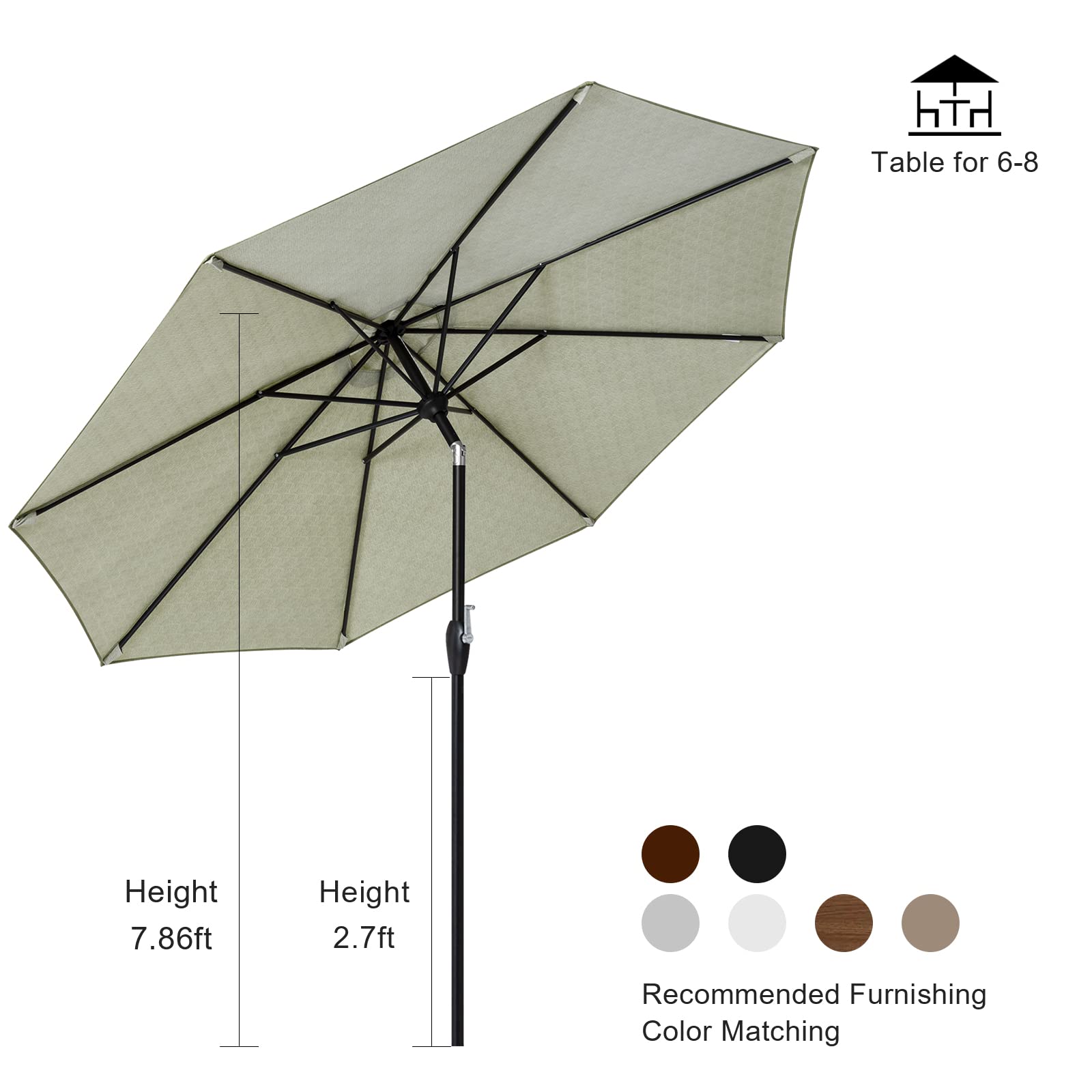 Tempera 9 ft Patio Umbrella Outdoor Table Market Umbrellas with 2-year Nonfading Canopy, 8 Sturdy Ribs and Push Button Tilt & Crank for Deck Pool Garden Lawn and Balcony
