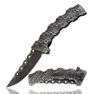 stonewashed pocket knife - chain carved - utility fold knife