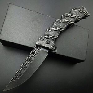 Stonewashed Pocket Knife - Chain Carved - Utility Fold Knife