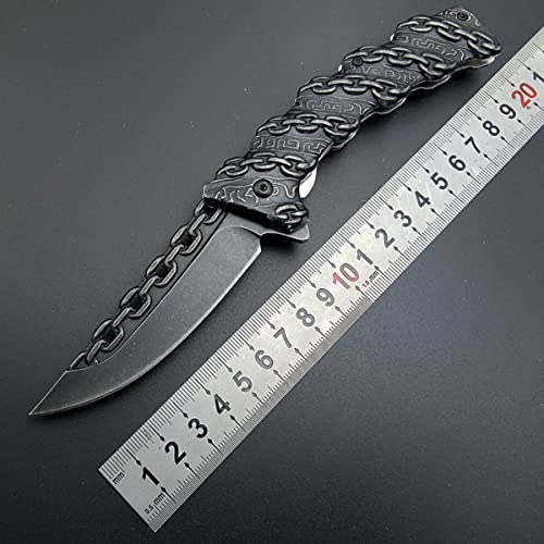 Stonewashed Pocket Knife - Chain Carved - Utility Fold Knife