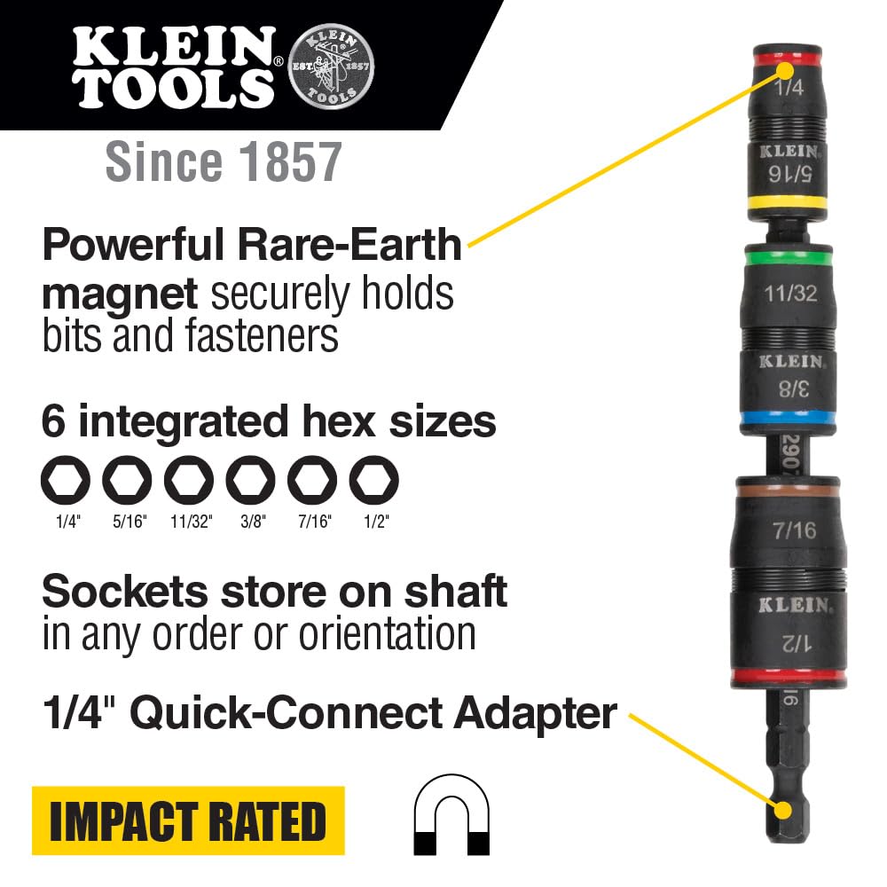 Klein Tools 32907 Impact Driver, 7-in-1 Impact Flip Socket Set with 1/2, 7/16, 3/8, 11/32, 5/16, 1/4 Nut Driver Sizes and 1/4-Inch Bit Holder