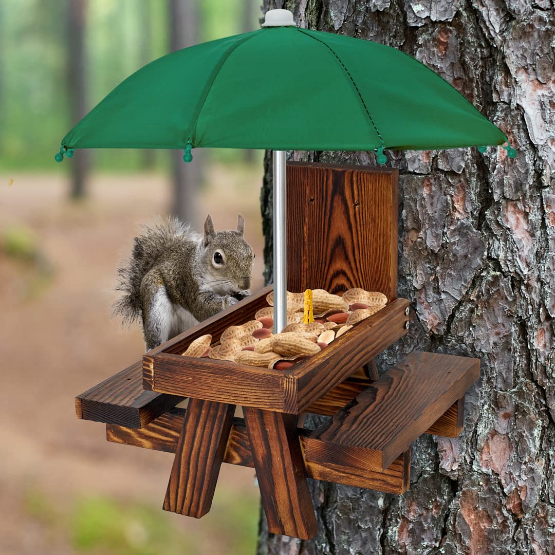 VASGOR Squirrel Feeder Table with Umbrella, Wooden Squirrel Picnic Table, Durable, Corn Cob, Solid Structure and 2 x Thick Benches, Stable, 8.3 x 7 x 8 Inches (1)
