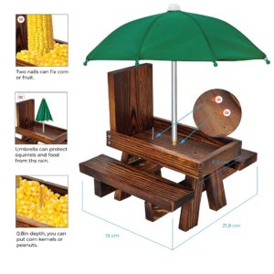 VASGOR Squirrel Feeder Table with Umbrella, Wooden Squirrel Picnic Table, Durable, Corn Cob, Solid Structure and 2 x Thick Benches, Stable, 8.3 x 7 x 8 Inches (1)