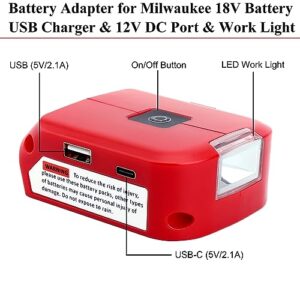 Dual USB Charger Adapter Replacement for Milwaukee M18 Power Source 49-24-2371 with LED Work Light, Compatible with Milwaukee M18 Battery 48-11-1850 48-11-1862 48-11-1820