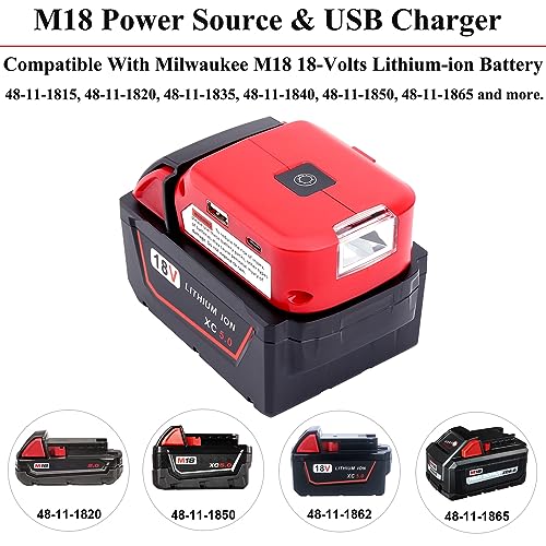 Dual USB Charger Adapter Replacement for Milwaukee M18 Power Source 49-24-2371 with LED Work Light, Compatible with Milwaukee M18 Battery 48-11-1850 48-11-1862 48-11-1820