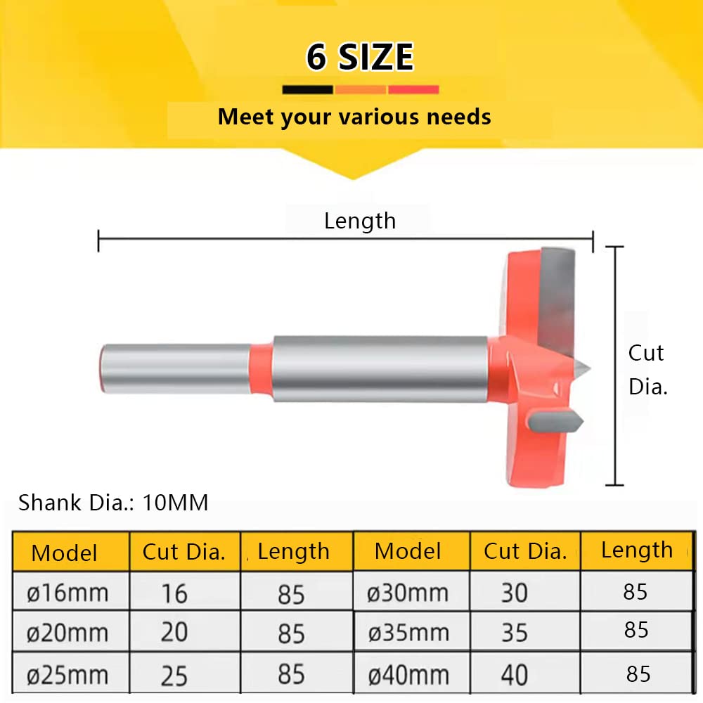 Jvedo Forstner Bit Set 6 pcs, Wood Drill bit Set, Carbide Steel Woodworking Hole Saw Set, Wood Cutter Auger Opener Non-Slip Shank Drilling Hinge Cutting Tool