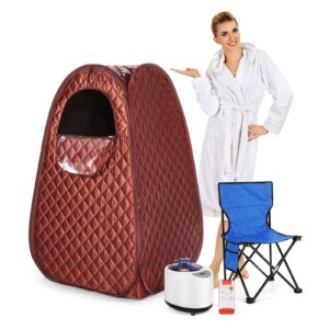 single person sauna, portable steam sauna full body for home spa, sauna tent with steamer 2.6l 1000w steam generator, 90 minute timer, chair, remote control included(brown)