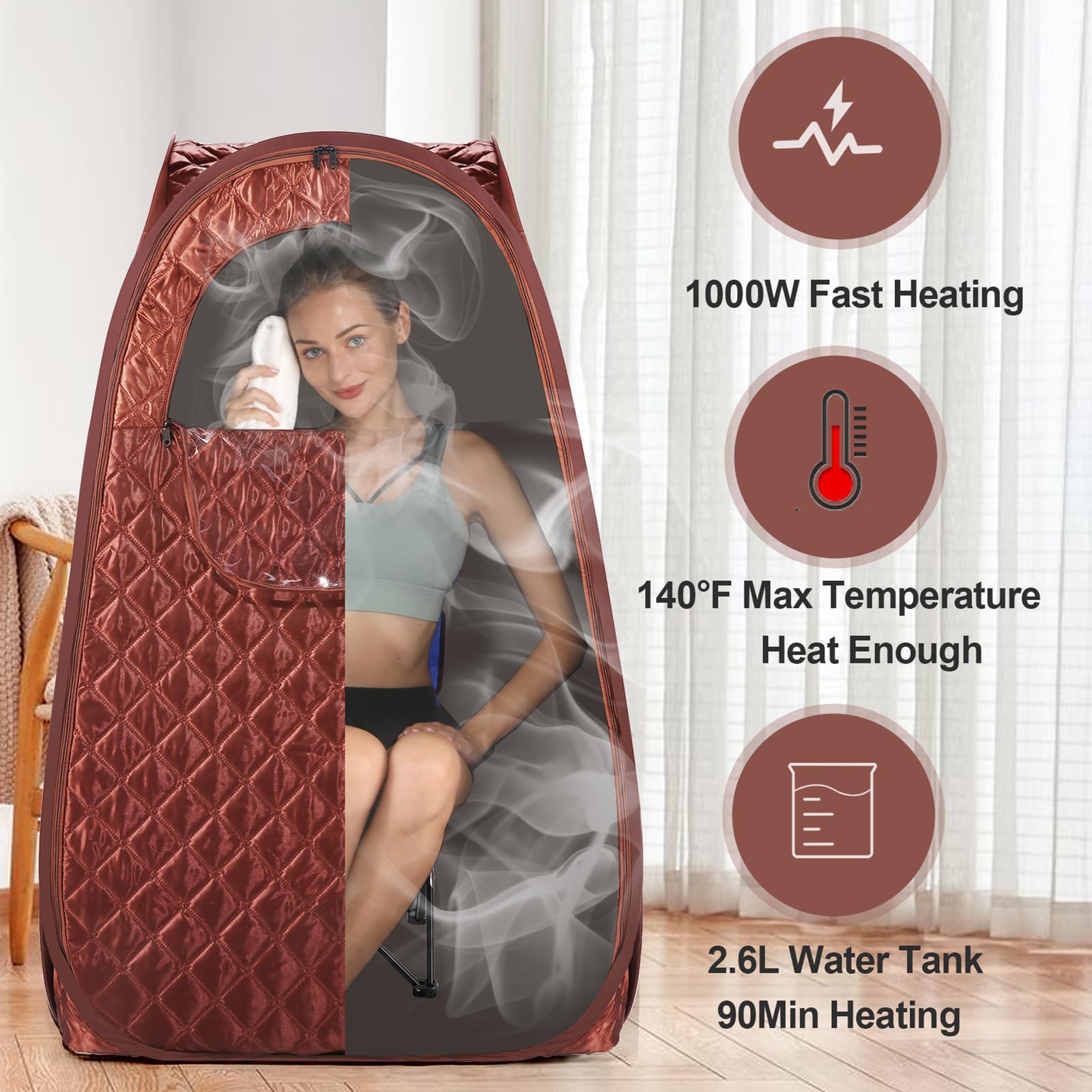 Single Person Sauna, Portable Steam Sauna Full Body for Home Spa, Sauna Tent with Steamer 2.6L 1000W Steam Generator, 90 Minute Timer, Chair, Remote Control Included(Brown)