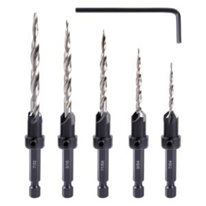 wood countersink drill bit set, newdeli 5pcs countersink drill bit #4、6、8、10、12, tapered drill bits with 1/4" hex shank quick change and allen wrench, counter sinker drill bit set for woodworking