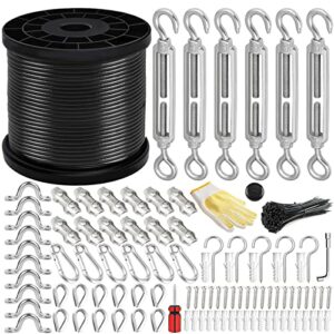 besteel string light hanging kit with 200 feet nylon coated stainless steel 304 wire rope, string lights suspension kit included enough accessories, humanized collocation, easy to install