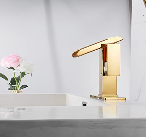 Bathroom Sink Faucet Gold Single Handle 1 or 3 Hole 4 Inch Waterfall Open Spout Bathroom Faucets Modern Brass Lavatory Bath RV Vanity Sink Faucets Basin Mixer Tap with Supply Line Cover Plate