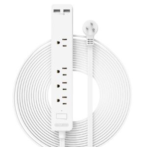 flat extension cord 15 ft, ntonpower ultra thin flat extension cord under carpet, rug, door, wall mount power strip flat plug with 4 outlets 2 usb, overload protection for home office indoor, white