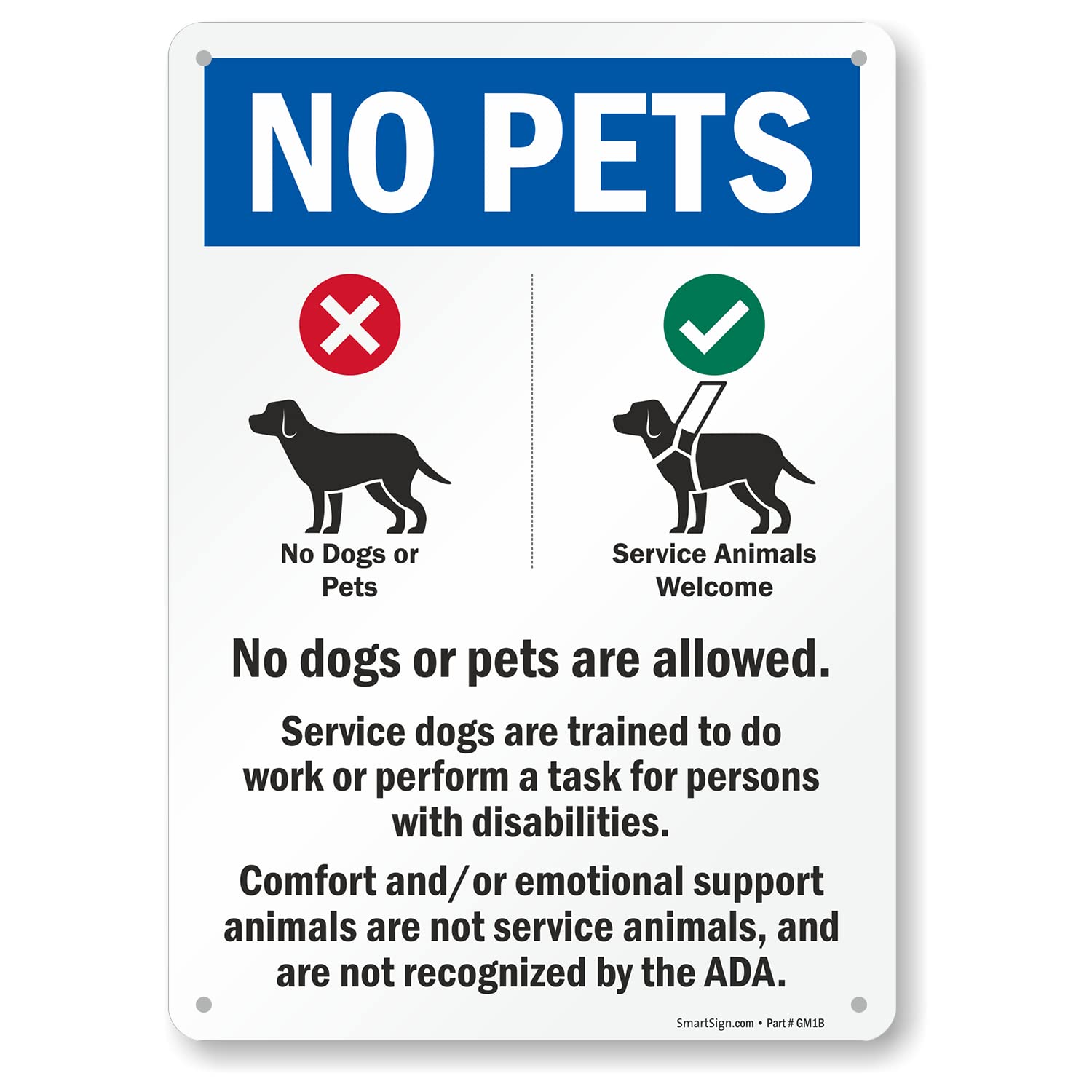 SmartSign 14 x 10 inch “No Pets - No Dogs Or Pets Allowed, Comfort/Emotional Support Animals Not Service...” Metal Sign, 40 mil Laminated Rustproof Aluminum, Multicolor