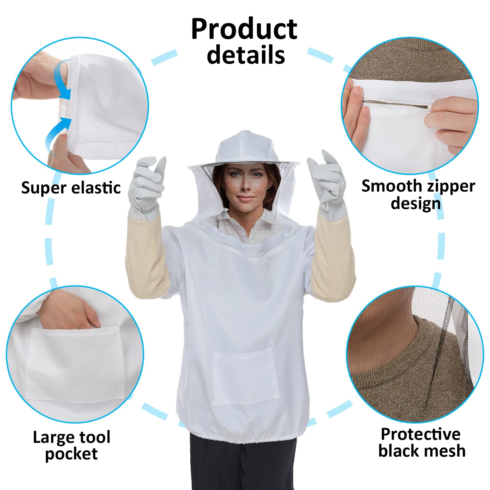 Professional Beekeeper Jacket with Goatskin Gloves- Premium Beekeeping Suit Jacket Pull Over with Fencing Veil Hood- Bee Jacket Beekeeping Smock Protective Suit for Beginner & Professional Beekeepers