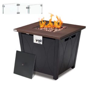 ulsum outdoor 28 inch gas fire table, 50,00 btu square metal gasoutdoor fire pit table with lid, glass wind guard, waterproof cover and lava rocks, propane fire pit table small fire pit for outside