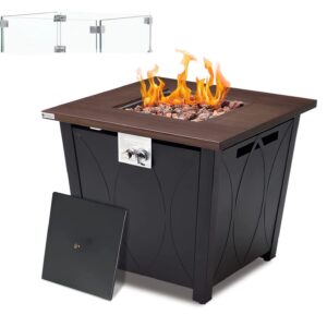 Ulsum Outdoor 28 Inch Gas Fire Table, 50,00 BTU Square Metal GasOutdoor Fire Pit Table with Lid, Glass Wind Guard, Waterproof Cover and Lava Rocks, Propane Fire Pit Table Small Fire Pit for Outside