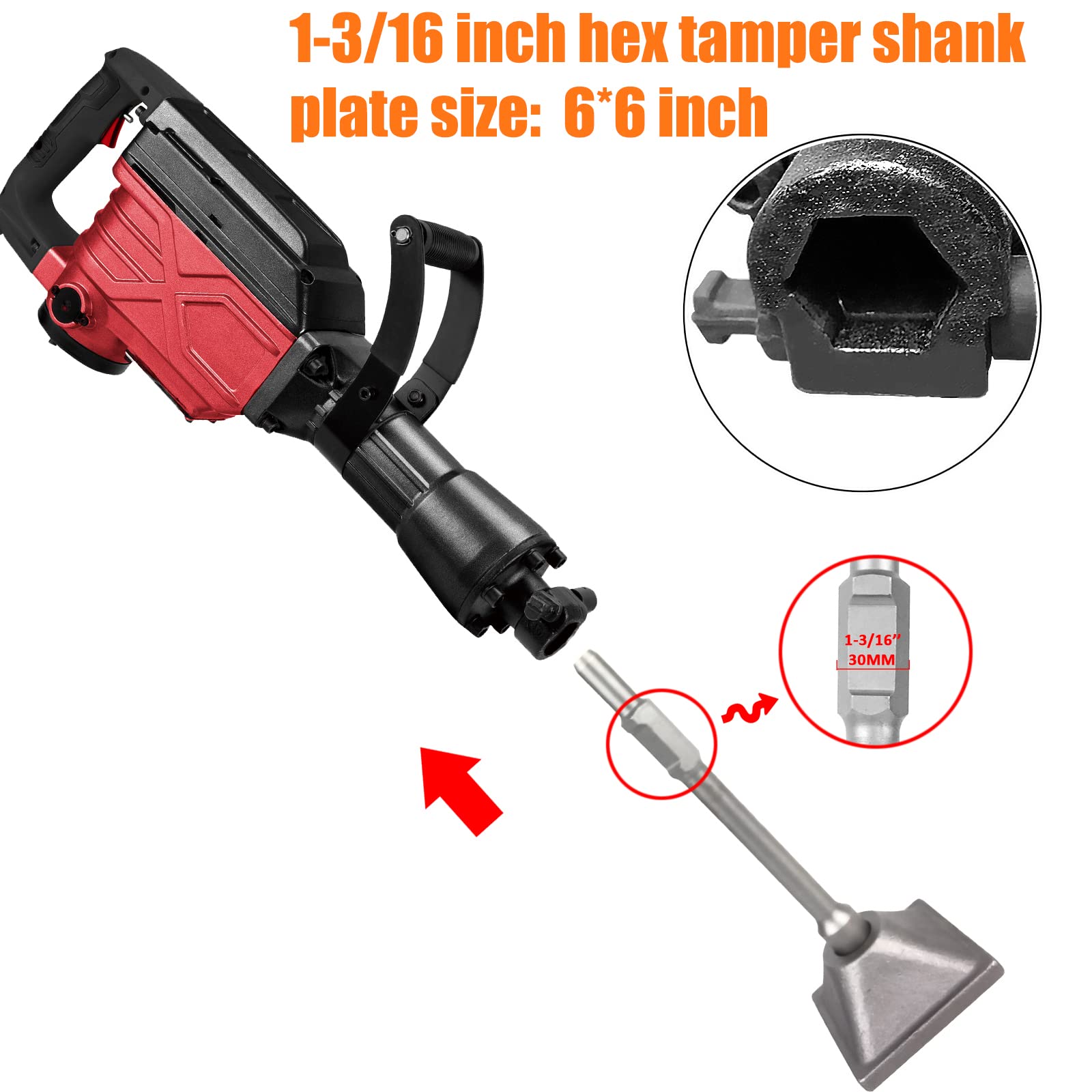 HIGOSPRO Jack Hammer 1-3/16 inch (30mm) Tamper Shank and Plate, Dirt Tamper 6 x 6 inch Compactor Plate with Electric Chisel Dirt Compactor, Electric hammer Solid Compactor for Breaker Hammer