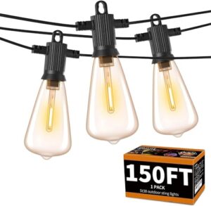 fooman outdoor string lights 150ft shatterproof dimmable led patio lights waterproof st38 connectable cafe lights with 76 plastic bulbs for porch backyard garden bistro(2×75ft)
