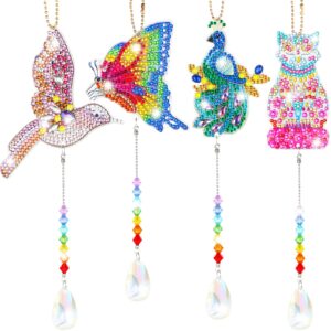 queekay 4 pieces diamond art sun catcher diy wind chime kit hanging double sided hummingbird butterfly cat peacock shape crystal number ornament for adults kids home garden decoration
