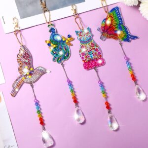 Queekay 4 Pieces Diamond Art Sun Catcher DIY Wind Chime Kit Hanging Double Sided Hummingbird Butterfly Cat Peacock Shape Crystal Number Ornament for Adults Kids Home Garden Decoration