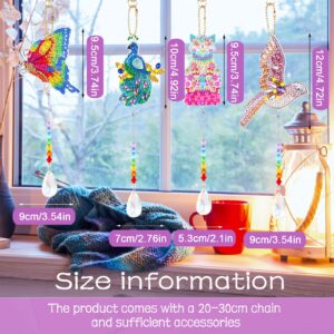 Queekay 4 Pieces Diamond Art Sun Catcher DIY Wind Chime Kit Hanging Double Sided Hummingbird Butterfly Cat Peacock Shape Crystal Number Ornament for Adults Kids Home Garden Decoration