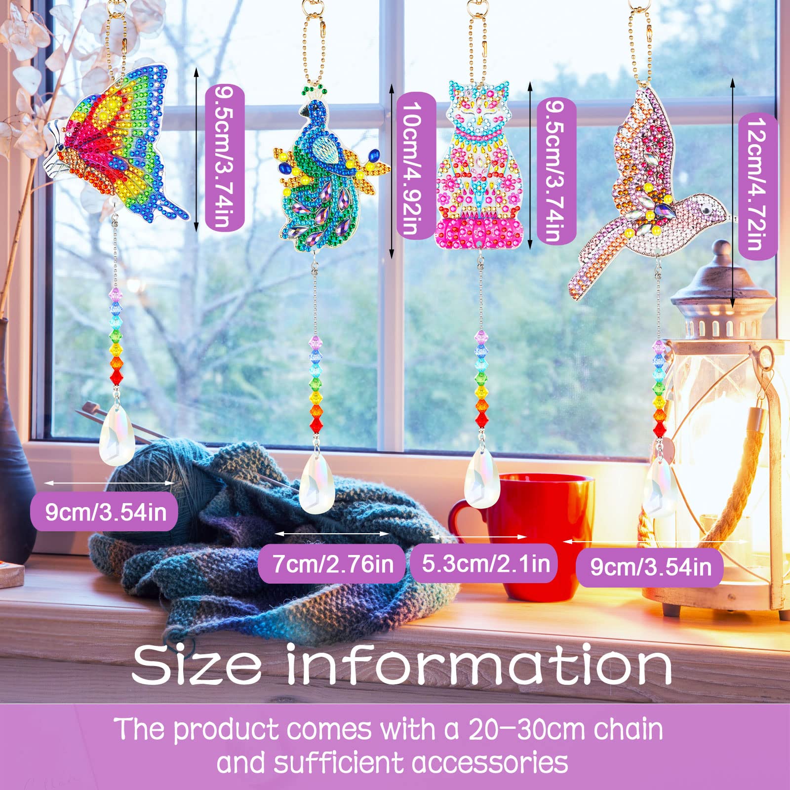 Queekay 4 Pieces Diamond Art Sun Catcher DIY Wind Chime Kit Hanging Double Sided Hummingbird Butterfly Cat Peacock Shape Crystal Number Ornament for Adults Kids Home Garden Decoration