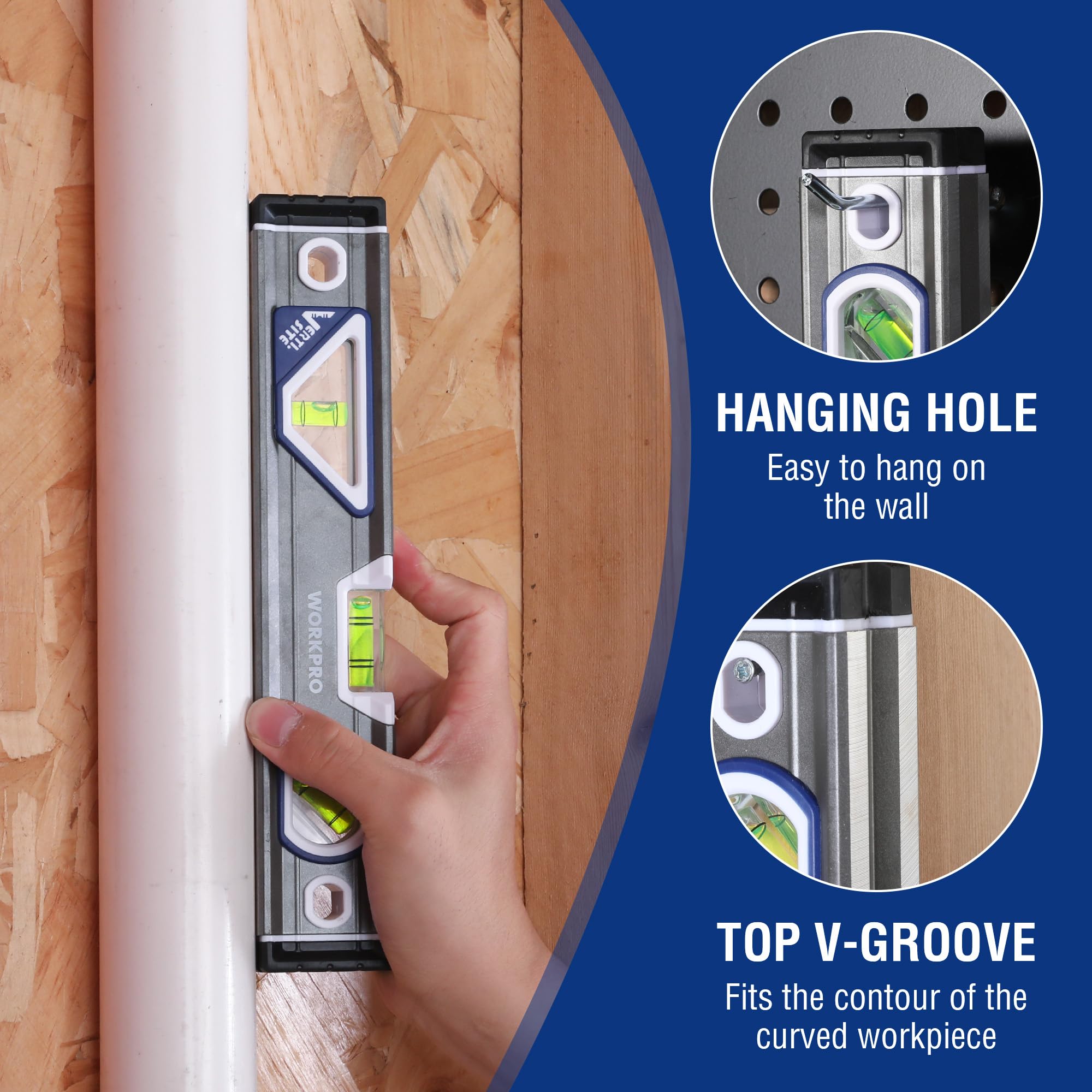 WORKPRO 10 Inch Torpedo Level, Small Leveler Tool, 3 Bubble Vials, Verti. Site, for Conduit Bending, Aluminum Alloy Construction