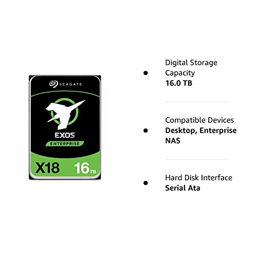 Seagate Exos X18 16TB Enterprise HDD - CMR 3.5 Inch Hyperscale SATA 6Gb/s, 7200 RPM, 512e and 4Kn FastFormat, Low Latency with Enhanced Caching (ST16000NM000J) (Renewed)