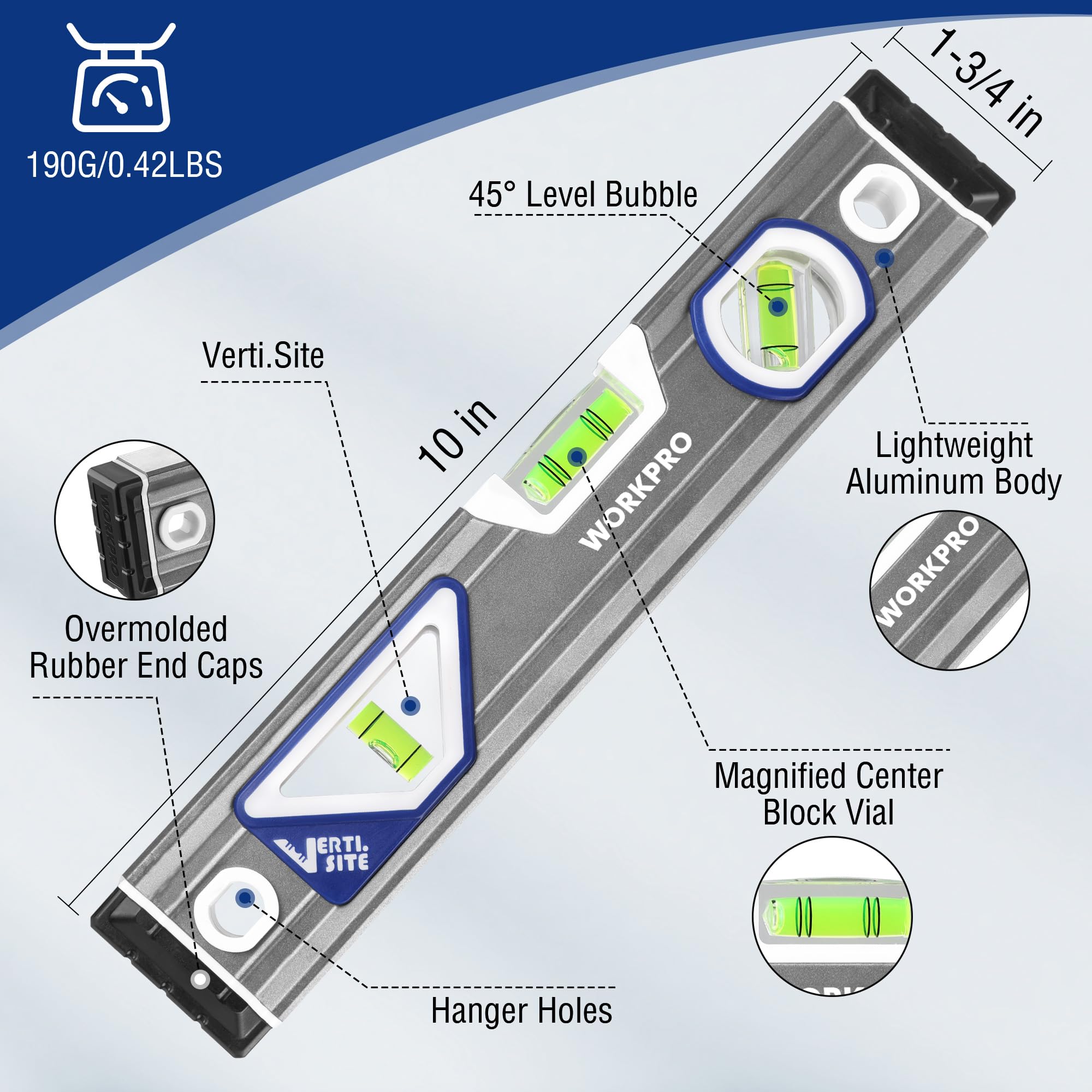 WORKPRO 10 Inch Torpedo Level, Small Leveler Tool, 3 Bubble Vials, Verti. Site, for Conduit Bending, Aluminum Alloy Construction
