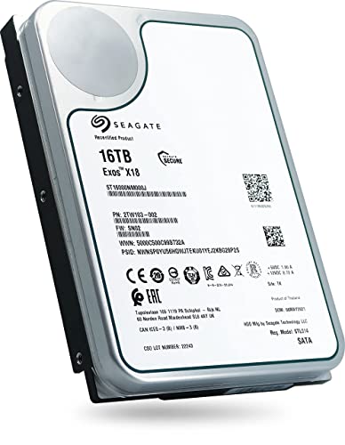 Seagate Exos X18 16TB Enterprise HDD - CMR 3.5 Inch Hyperscale SATA 6Gb/s, 7200 RPM, 512e and 4Kn FastFormat, Low Latency with Enhanced Caching (ST16000NM000J) (Renewed)