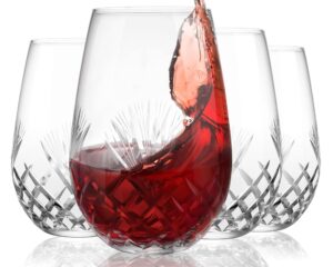 shoshin - hand cut stemless wine glass set of 4, large 18 oz crystal wine glass, wine tumblers for red and white wine, water glasses, drinking glasses
