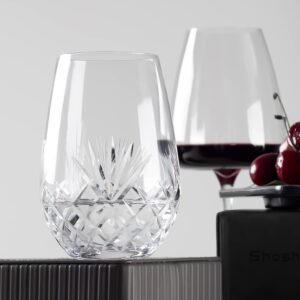 SHOSHIN - Hand Cut Stemless Wine Glass Set of 4, Large 18 oz Crystal Wine Glass, Wine Tumblers for Red and White Wine, Water Glasses, Drinking Glasses