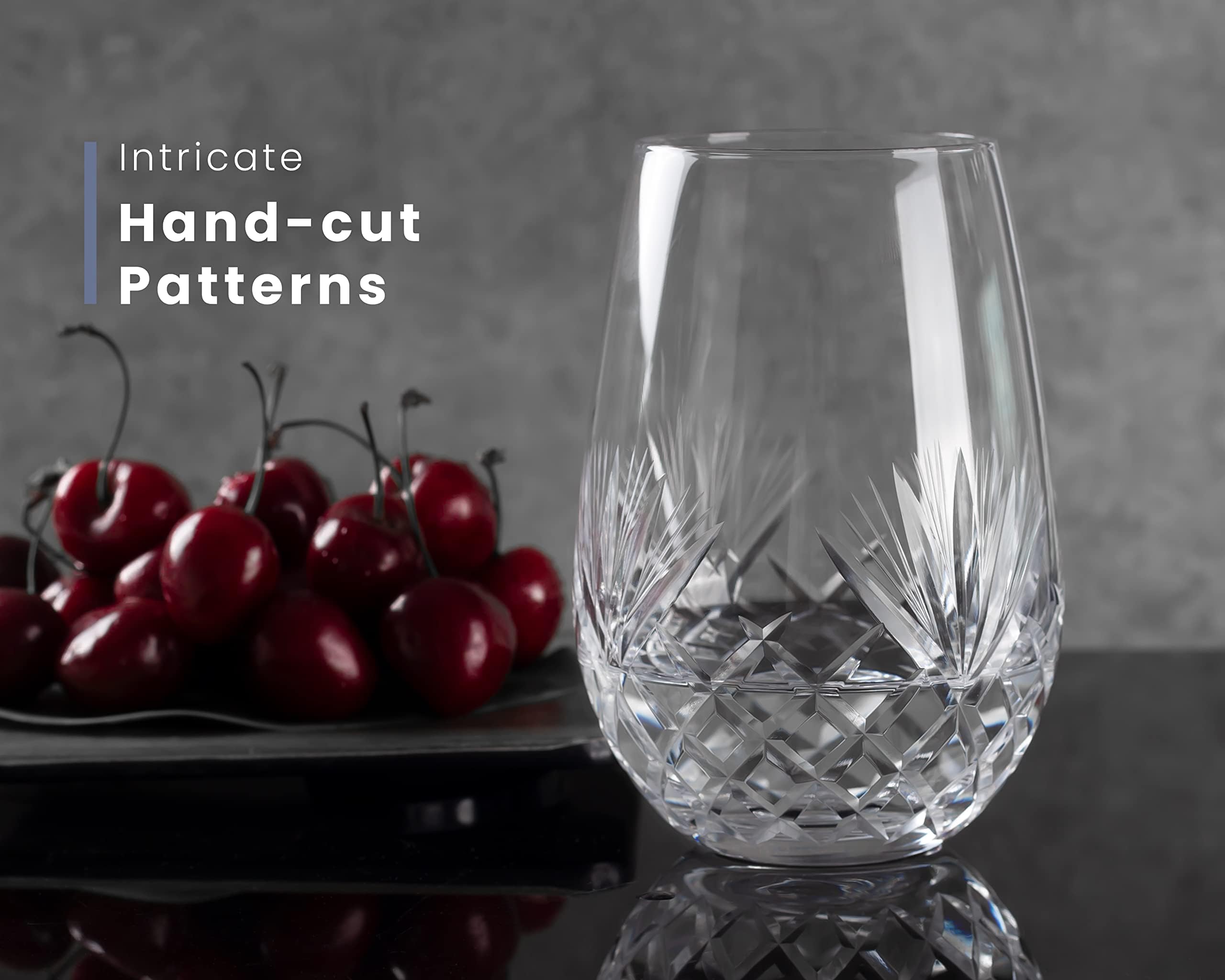 SHOSHIN - Hand Cut Stemless Wine Glass Set of 4, Large 18 oz Crystal Wine Glass, Wine Tumblers for Red and White Wine, Water Glasses, Drinking Glasses