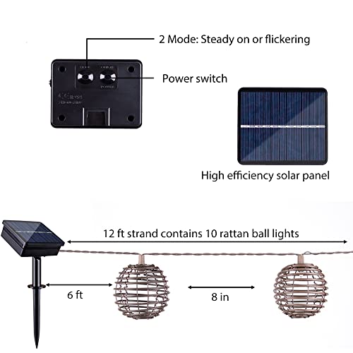 ALL FORTUNE Outdoor Solar Decorative String Lights, 10 LED Warm White Patio Umbrella Lights with Brown Wire Plastic Rattan Balls, for Patio Porch Gazebo Yard Garden Backyard Decor