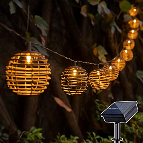 ALL FORTUNE Outdoor Solar Decorative String Lights, 10 LED Warm White Patio Umbrella Lights with Brown Wire Plastic Rattan Balls, for Patio Porch Gazebo Yard Garden Backyard Decor