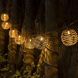 ALL FORTUNE Outdoor Solar Decorative String Lights, 10 LED Warm White Patio Umbrella Lights with Brown Wire Plastic Rattan Balls, for Patio Porch Gazebo Yard Garden Backyard Decor