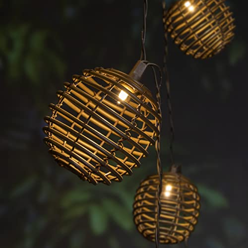 ALL FORTUNE Outdoor Solar Decorative String Lights, 10 LED Warm White Patio Umbrella Lights with Brown Wire Plastic Rattan Balls, for Patio Porch Gazebo Yard Garden Backyard Decor