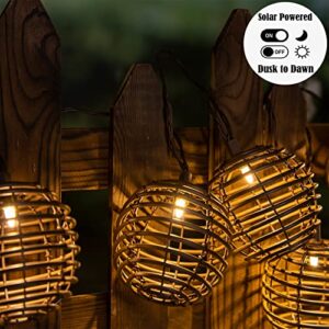 ALL FORTUNE Outdoor Solar Decorative String Lights, 10 LED Warm White Patio Umbrella Lights with Brown Wire Plastic Rattan Balls, for Patio Porch Gazebo Yard Garden Backyard Decor