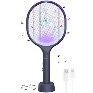 vanelc fly swatter electric zapper racket, upgrade 2023 rechargeable bug zapper racket, portable 2-in-1 mosquito killer trap with 3 layer safety mesh for home, bedroom, patio - use 3000v grid, blue