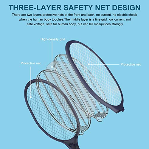 VANELC Fly Swatter Electric Zapper Racket, Upgrade 2023 Rechargeable Bug Zapper Racket, Portable 2-in-1 Mosquito Killer Trap with 3 Layer Safety Mesh for Home, Bedroom, Patio - Use 3000V Grid, Blue