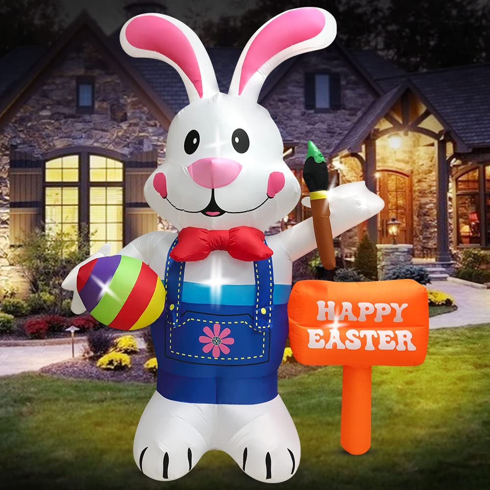 Domkom 8FT Easter Inflatable Decorations Standing Bunny Holding Egg and Paintbrush, Build-in LED Lights Holiday Blow Up Yard Decoration, for Easter Holiday Party, Outdoor,Garden, Yard Lawn Decor