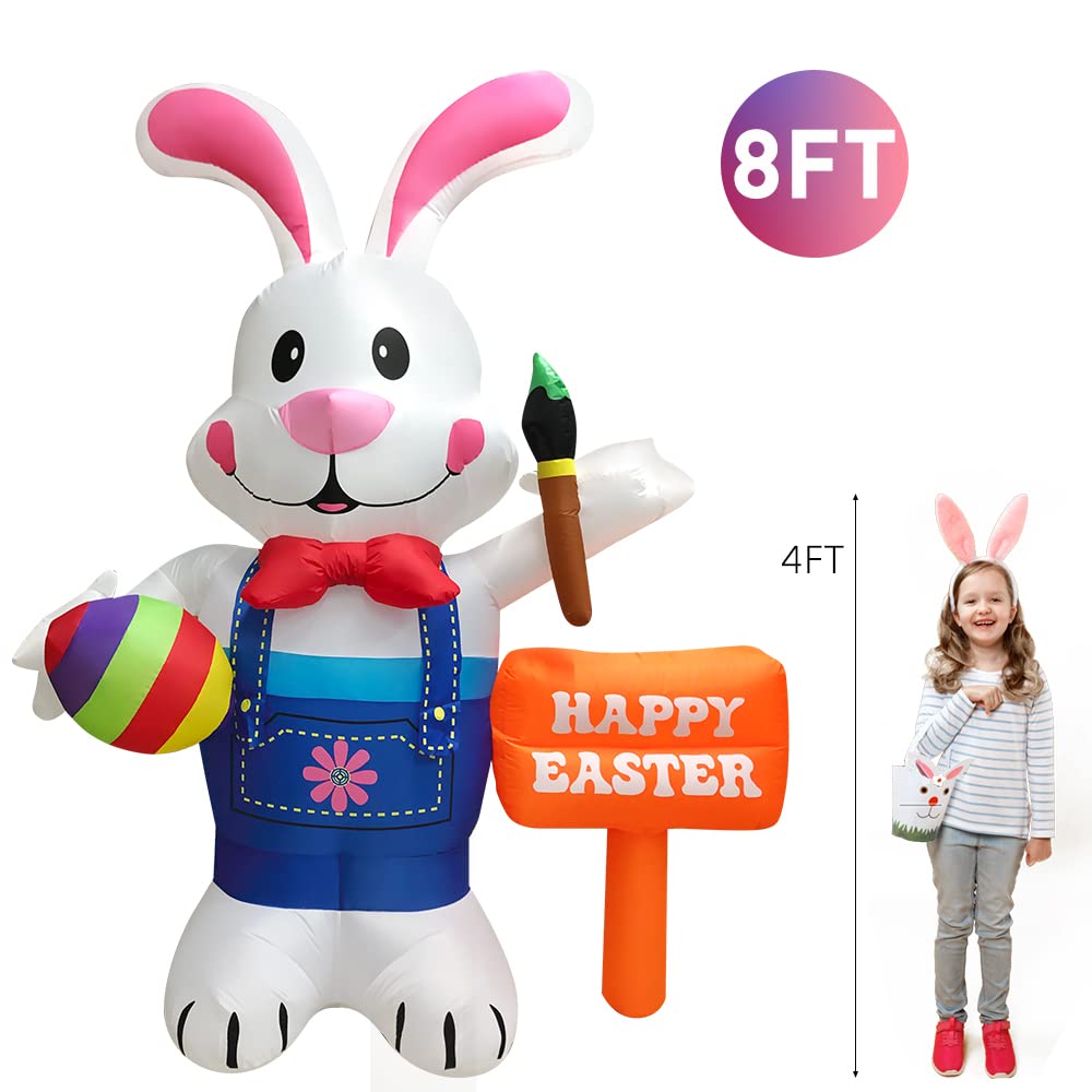 Domkom 8FT Easter Inflatable Decorations Standing Bunny Holding Egg and Paintbrush, Build-in LED Lights Holiday Blow Up Yard Decoration, for Easter Holiday Party, Outdoor,Garden, Yard Lawn Decor