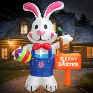 Domkom 8FT Easter Inflatable Decorations Standing Bunny Holding Egg and Paintbrush, Build-in LED Lights Holiday Blow Up Yard Decoration, for Easter Holiday Party, Outdoor,Garden, Yard Lawn Decor