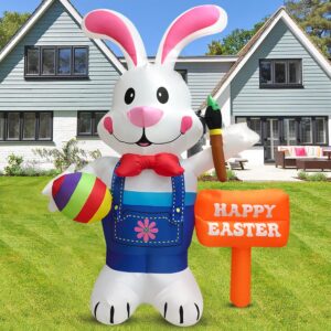 Domkom 8FT Easter Inflatable Decorations Standing Bunny Holding Egg and Paintbrush, Build-in LED Lights Holiday Blow Up Yard Decoration, for Easter Holiday Party, Outdoor,Garden, Yard Lawn Decor