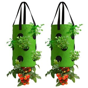 2 Pack Green Upside Down Tomato & Herb Planter, Outdoor Hanging Durable Aeration Fabric Strawberry Planter Bags