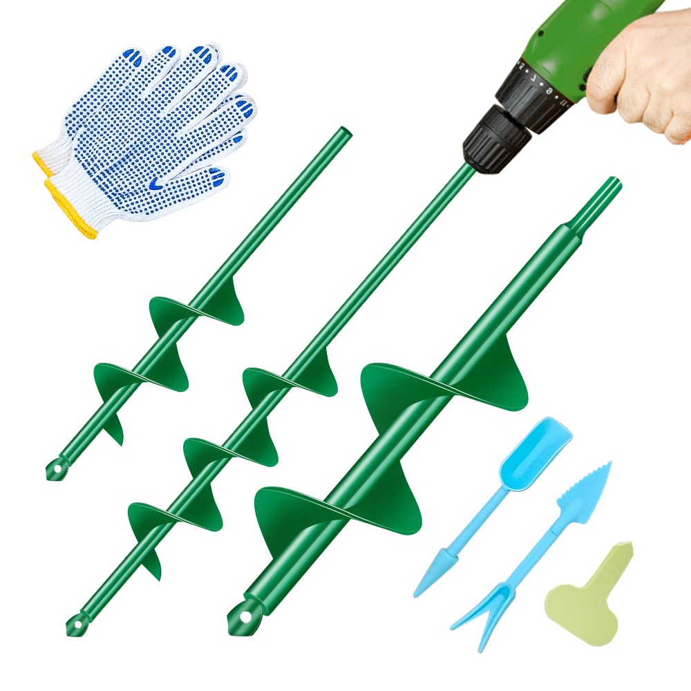 Auger Drill Bit for Planting 3PCS, Garden Bulb Drill Bit Auger for 3/8" Hex Drive Drill,Garden Spiral Hole Drill Planter for Ground Beach Post Hole Digger Bedding Digging Planter Green (Sets of 3)