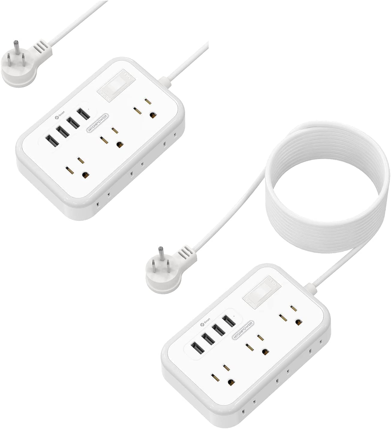 5ft Extension Cord and 15ft Extension Cord Bundle, 6 Outlets Power Strip with 4 USB Ports, NTONPOWER Flat Plug Extension Cord, Overload Protection, Wall Mount for Travel, Home Office, Dorm, Nightstand