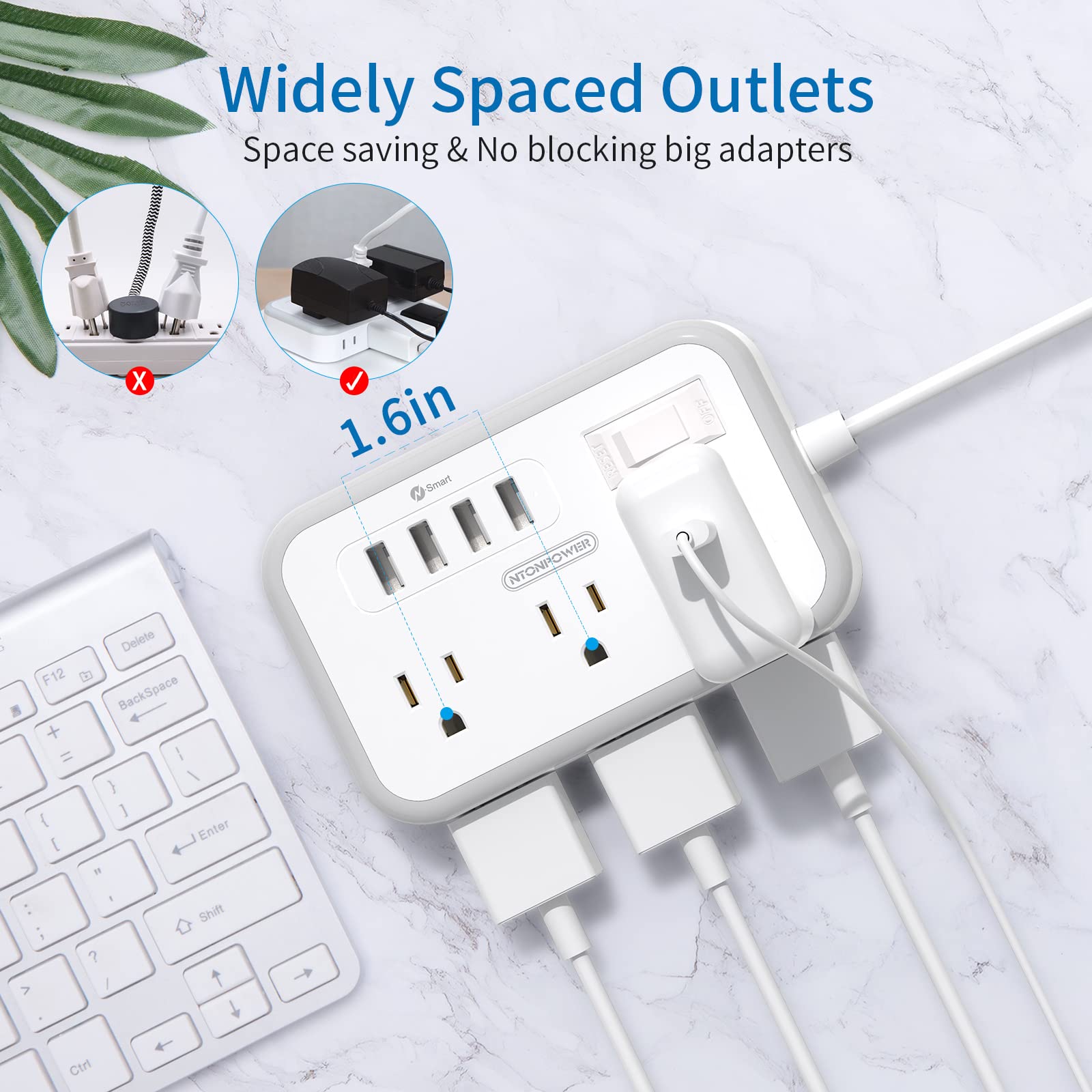 5ft Extension Cord and 15ft Extension Cord Bundle, 6 Outlets Power Strip with 4 USB Ports, NTONPOWER Flat Plug Extension Cord, Overload Protection, Wall Mount for Travel, Home Office, Dorm, Nightstand