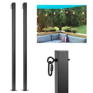 meruzy string light poles 2 pack - outdoor metal posts with hooks for hanging string lights - garden, backyard, patio lighting stand mounted on brick wall, concrete wall and wood top rail